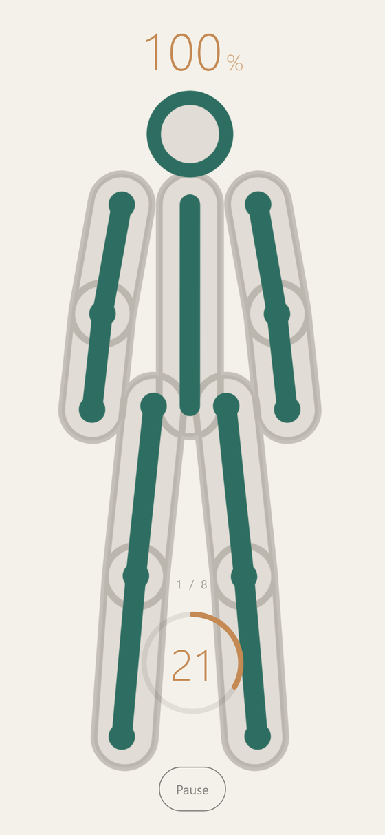 GhostFlow on a phone: a jade skeleton aligned inside a translucent grey ghost silhouette, alignment at 100 percent and a hold timer counting down